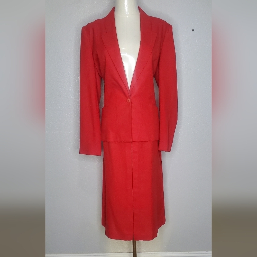 Panther 2 Piece Red Blazer Jacket & A-Line Midi Skirt Set Skirtsuit Size Medium